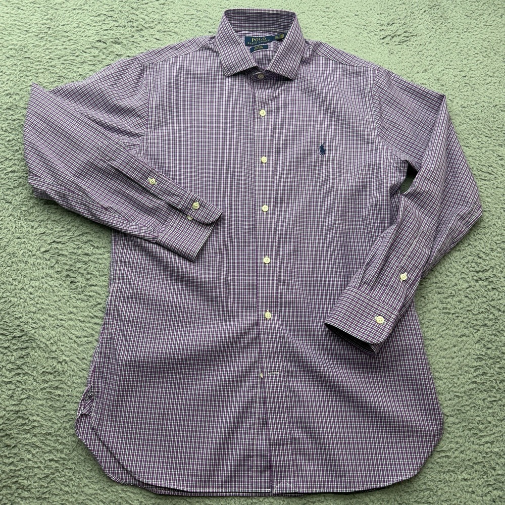 Polo Ralph Lauren Purple Plaid Shirt Mens 15.5 32/33 Slim Fit Long Sleeve Pony